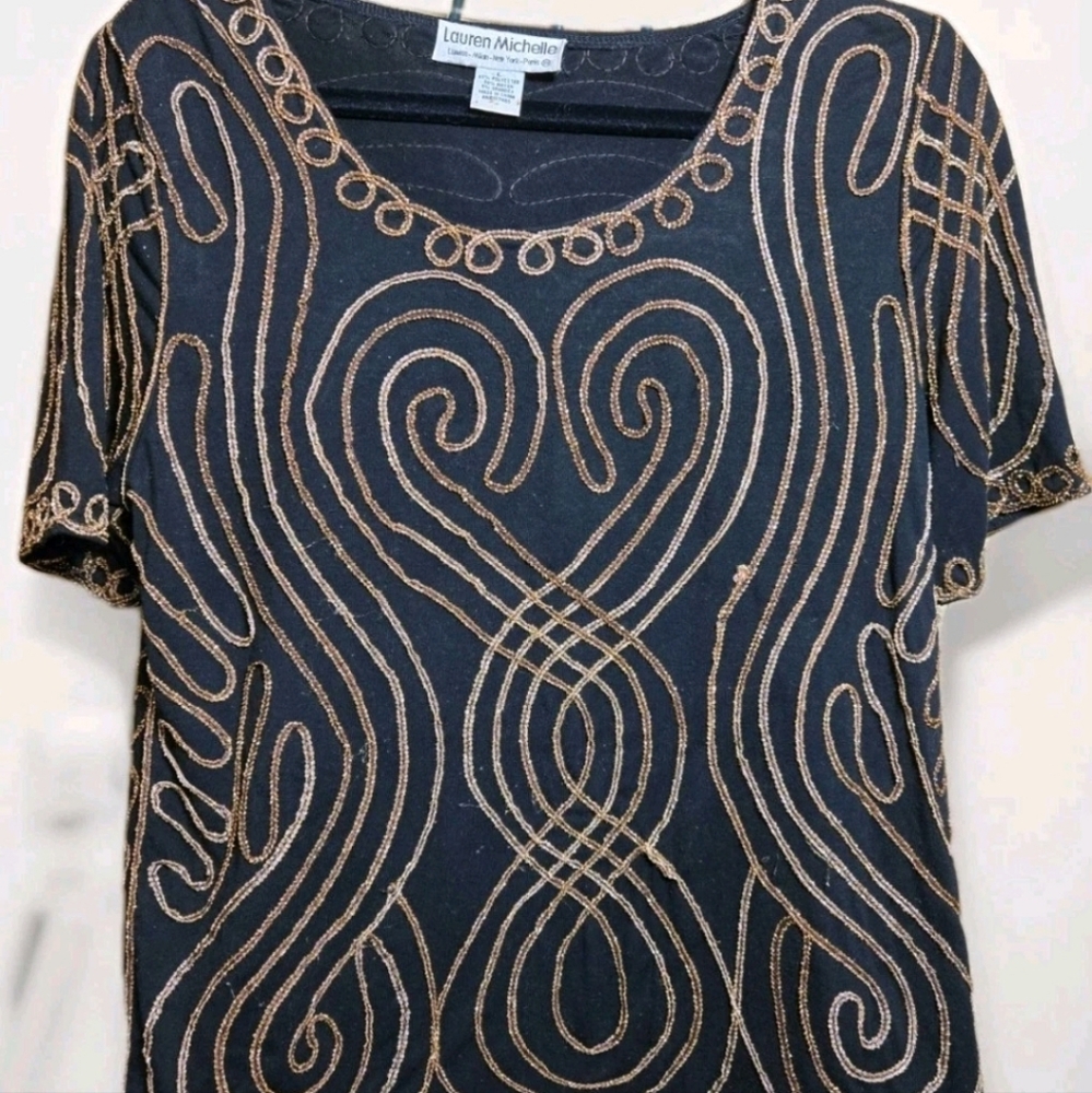 Lauren Michelle Black and Gold Embellished Top